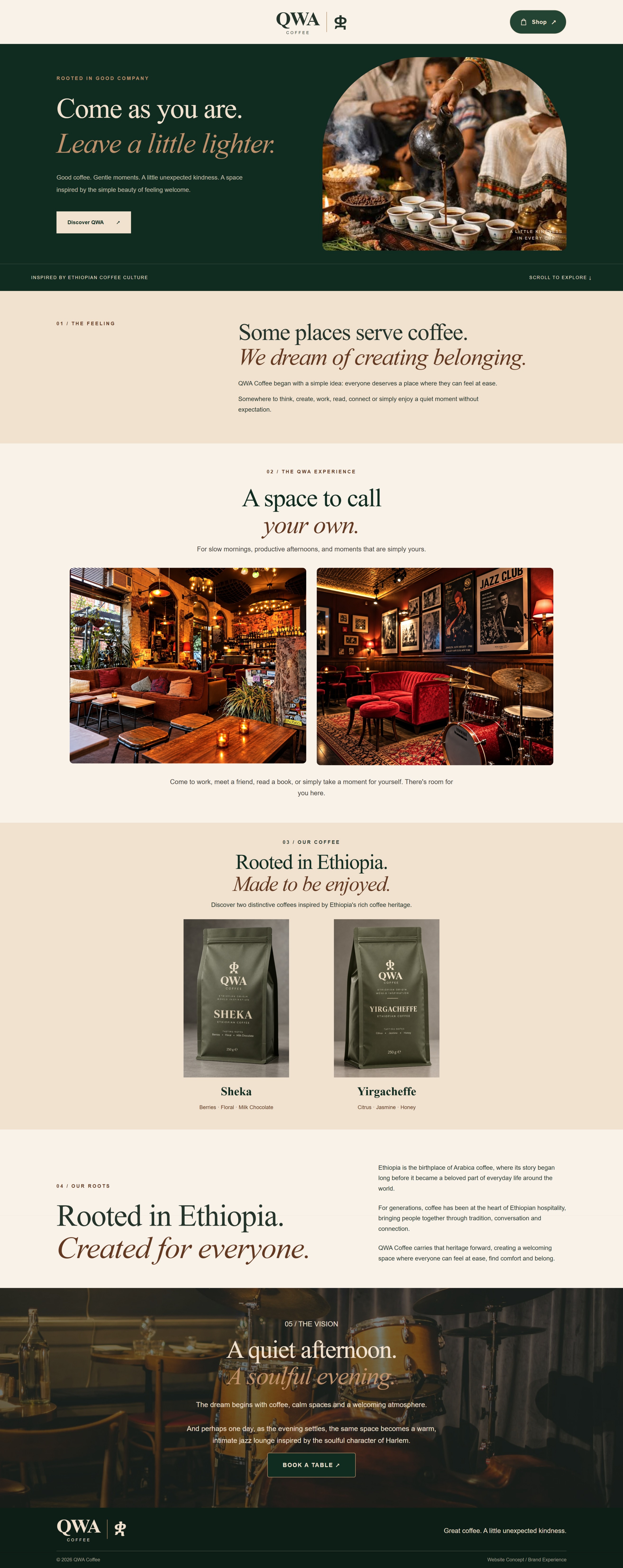 QWA Coffee website design featuring green and ivory colours